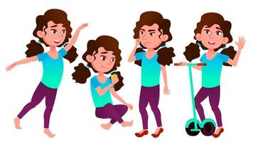 Girl Schoolgirl Kid Poses Set Vector. High School Child. Secondary Education. Casual Clothes, Friend. For Advertisement, Greeting, Announcement Design. Isolated Cartoon Illustration vector