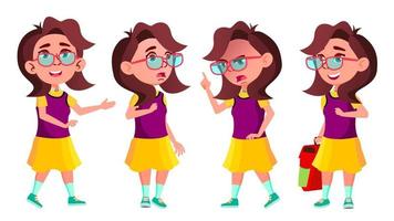 Girl Schoolgirl Kid Poses Set Vector. High School Child. Schoolchild. Funny, Friendship, Happiness Enjoyment. For Web, Poster, Booklet Design. Isolated Cartoon Illustration vector