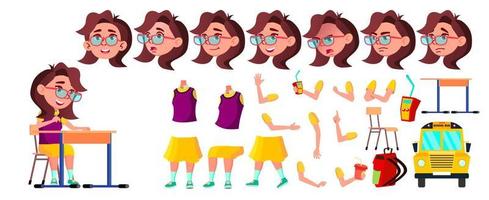 Girl Schoolgirl Kid Vector. High School Child. Animation Creation Set. Face Emotions, Gestures. School Student. Graduation, Homework, Teacher. For Presentation, Print, Invitation Design. Illustration vector
