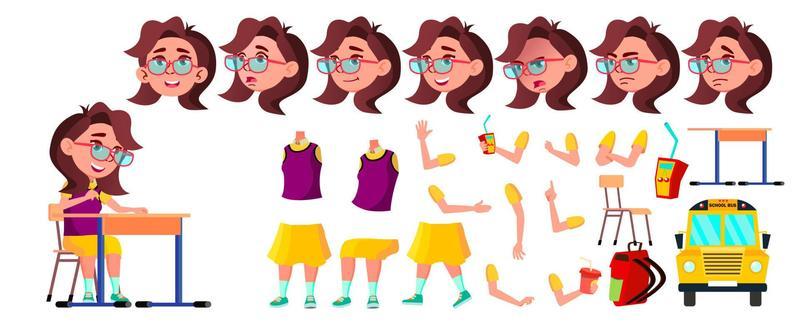 Girl Schoolgirl Kid Vector. High School Child. Animation Creation Set. Face Emotions, Gestures. School Student. Graduation, Homework, Teacher. For Presentation, Print, Invitation Design. Illustration