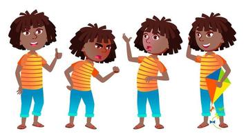 Girl Schoolgirl Kid Poses Set Vector. Black. Afro American. High School Child. Secondary Education. Young, Cute, Comic. For Presentation, Print, Invitation Design. Isolated Cartoon Illustration vector