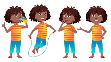 Girl Schoolgirl Kid Poses Set Vector. Black. Afro American. High School Child. School Student. Expression, Happy Childhood, Positive Person. For Banner, Flyer, Brochure Design. Illustration vector