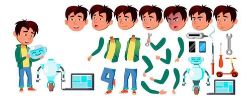 Asian Boy Schoolboy Kid Vector. Primary School Child. Build Robot Helper. Animation Creation Set. Schoolchild. Future Techology Concept. Face Emotions, Gestures. Animated. Cartoon Illustration