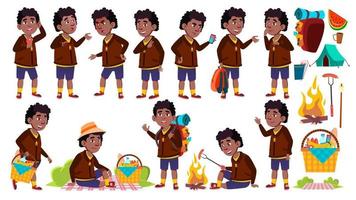 Boy Schoolboy Kid Poses Set Vector. Primary School Child. Black. Afro American. Picnic, Summer Rest. Hike. Vacation. Pose. For Web, Brochure, Poster Design. Isolated Cartoon Illustration vector