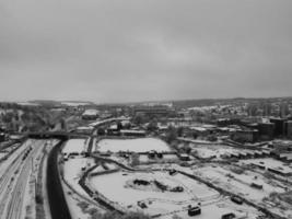 High Angle View of City in Classic Black and White after Snow Fall photo