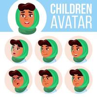 Arab, Muslim Girl Avatar Set Kid Vector. Primary School. Face Emotions. Emotions, Emotional. Friendly, Weeping. Cartoon Head Illustration vector