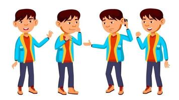 Asian Boy Schoolboy Kid Poses Set Vector. Primary School Child. Funny Children. Junior. Lifestyle, Friendly. For Advertising, Booklet, Placard Design. Isolated Cartoon Illustration vector