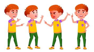 Little Boy Poses Set Vector. Primary School Child. Red Head. Emotions. For Postcard, Cover, Placard Design. Isolated Cartoon Illustration vector