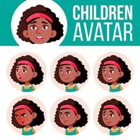 Girl Avatar Set Kid Vector. Black. Afro American. Primary School. Face Emotions. Kid, Child. Beautiful, Funny. Leaflet, Booklet. Cartoon Head Illustration vector