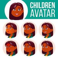 Girl Avatar Set Kid Vector. Primary School. Indian, Hindu. Asian. Face Emotions. User, Character. Leisure, Smile. Layout, Advertising. Cartoon Head Illustration vector