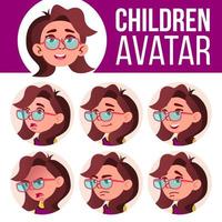 Girl Avatar Set Kid Vector. Primary School. Face Emotions. Emotions, Emotional. Friendly, Weeping. Cartoon Head Illustration vector