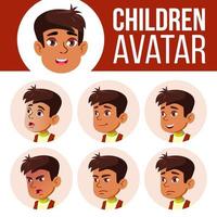 avatar de niño árabe y musulmán establece vector de niño. escuela primaria. enfrentar las emociones. usuario, personaje. ocio, sonrisa. diseño, publicidad. ilustración de cabeza de dibujos animados