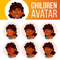 Indian Girl Avatar Set Kid Vector. Primary School. Hindu. Asian. Face Emotions. Flat, Portrait. Active, Joy. Poster, Clipart. Cartoon Head Illustration vector