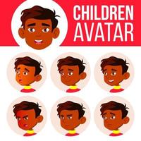 Indian Boy Avatar Set Kid Vector. Primary School. Face Emotions. Flat, Portrait. Active, Joy. Poster, Clipart. Cartoon Head Illustration vector