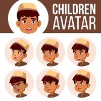 Arab, Muslim Boy Avatar Set Kid Vector. Primary School. Face Emotions. Emotions, Emotional. Fun, Cheerful. Design, Brochure. Cartoon Head Illustration vector