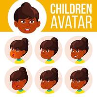 Indian Girl Avatar Set Kid Vector. Primary School. Hindu. Asian. Face Emotions. Emotions, Emotional. Fun, Cheerful. Design, Brochure. Cartoon Head Illustration vector
