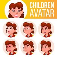 Girl Avatar Set Kid Vector. Primary School. Face Emotions. Primary, Child Pupil. Life, Emotional. Cartoon Head Illustration