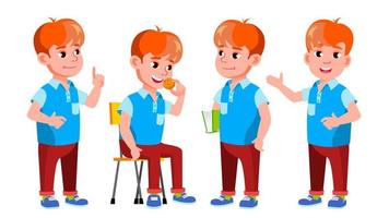 Boy Schoolboy Kid Poses Set Vector. Primary School Child. Funny Children. Junior. Lifestyle, Friendly. For Advertising, Booklet, Placard Design. Isolated Cartoon Illustration vector