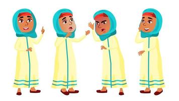 Arab, Muslim Girl Poses Set Vector. Primary School Child. Teaching, Educate, Schoolkid. For Presentation, Print, Invitation Design. Isolated Cartoon Illustration