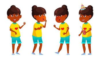 Indian Girl Kid Poses Set Vector. Primary School Child. Hindu. Asian. Party. For Web, Poster, Booklet Design. Isolated Cartoon Illustration vector