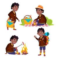 Boy Tourist Schoolboy Vector. Picnic, Summer Rest. Hike. Funny Children. Junior. Black. Afro American. For Advertising, Booklet, Placard Design. Isolated Cartoon Illustration vector