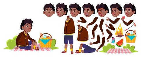 niño colegial en vector de picnic. negro. afroamericano. conjunto de creación de animación. estudiar. senderismo de verano relajarse. para presentación, invitación, diseño de tarjetas. emociones, gestos. animado. ilustración aislada