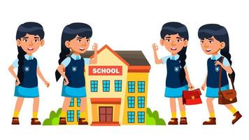 Asian Girl Kid Poses Set Vector. Primary School Child. Life, Emotional, Pose. For Web, Brochure, Poster Design. Isolated Cartoon Illustration vector