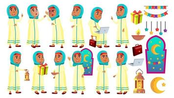 Arab, Muslim Girl Kid Poses Set Vector. Primary School Child. Celebrating Ramadan Kareem. Education. For Card, Advertisement, Greeting Design. Isolated Cartoon Illustration