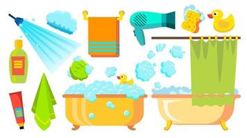 Take A Shower, Bath Icons Vector. Accessories Hairdryer, Shampoo, Towel, Foam. Isolated Flat Cartoon Illustration vector