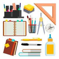 Stationery Icons Vector. Pen, Pencil, Notebook, Ruler. Isolated Flat Cartoon Illustration vector