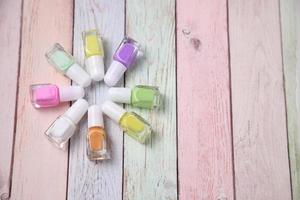 Many nail polish bottles, copy space photo