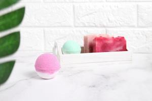 Bath bomb and soap , wellness teatment, lifestyle in bathroom photo