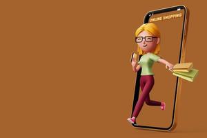 Happy women with phone, Easy online Shopping, 3d rendering photo