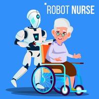 Robot Nurse Rolling Wheelchair With Elderly Woman Vector. Isolated Illustration vector