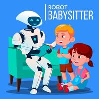 Robot Babysitter Reading A Book To Child On The Sofa Vector. Isolated Illustration vector