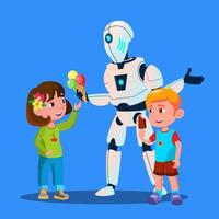 Robot Offering Ice-Cream To Kids Vector. Isolated Illustration vector