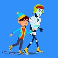 Robot Skates On Ice With Child In Winter Vector. Isolated Illustration vector