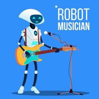 músico robot tocando la guitarra y cantando en el vector del micrófono. ilustración aislada