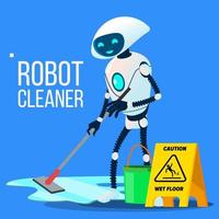 Robot Cleaner Washing The Floor With Bucket And Mop In Hand Vector. Isolated Illustration vector