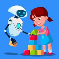 Robot Baby Sitter Playing Cubes With Child Vector. Isolated Illustration vector