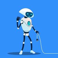 Tired Robot Holding Charging Cord Vector. Lost Connection. Isolated Illustration vector