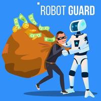 Robot Guard Caught The Thief In Mask With His Hand Vector. Isolated Illustration vector