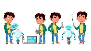 Asian Boy Set Vector. Primary School. Study. Build Robot Helper. Knowledge, Learn. Electronics. For Advertisement, Greeting, Announcement Design. Illustration vector