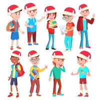 Christmas Children Set Vector. Santa Hat. Boys And Girls. December. Isolated Cartoon Illustration vector