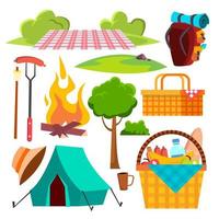 vector de artículos de picnic. carpa, fogata, salchichas, canasta. caminata, vacaciones de verano. ilustración de dibujos animados aislados