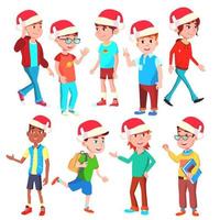 Christmas Children Set Vector. Santa Hat. Boys And Girls. Eve. Isolated Cartoon Illustration vector