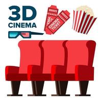 Vector de iconos de cine 3d. palomitas de maíz, asientos rojos, boletos, lentes estéreo. ilustración de dibujos animados aislados