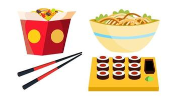 vector de comida china para llevar. fideos de caja. palillos. sabroso menú de almuerzo. ilustración de dibujos animados plana aislada
