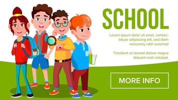 School Eduacation Banner Vector. Girls, Boys Student Smiling. Poster, Website, Invitation. Pupils. Illustration vector