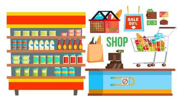 Shopping Mall Supermarket Vector. Shopping Bags, Interior, Products. Seasonal Sale At Store. Cashbox. Isolated Flat Cartoon Illustration vector